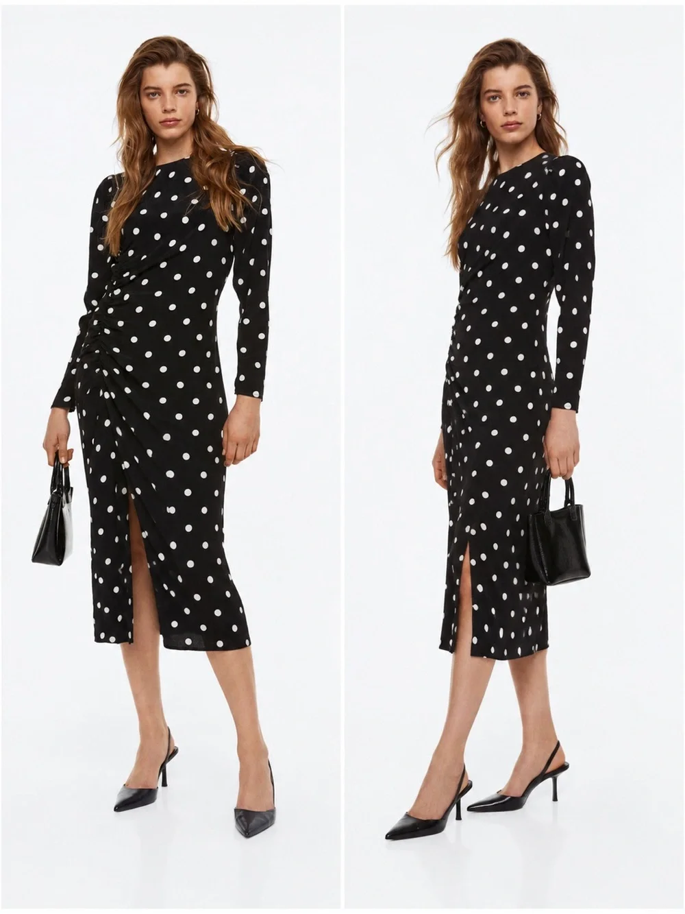 H&M Black & White Polka Dot Long Sleeve Midi Dress Size M
